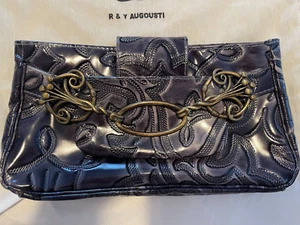 R&Y Augousti Embossed Steel Gray Leather Clutch with Brass Hardware - Picture 1 of 7