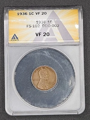 1936 (Double Die Obverse FS-102) Lincoln Wheat Cent | ANACS VF20 - Image 1 of 4