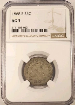 1 Of 3 Pop NGC AG3, 1868 S G4-Seated Liberty Quarter San Francisco - Image 1 of 4