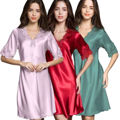 Ladies Womens Satin Short Nightdress Silk Lace Lingerie Nightgown Sleepwear Pj - Image 1 of 4
