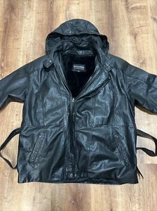 Wilson's Leather Men's Black Heavy Leather Hooded Sherpa Lined Car Coat Sz Large - Picture 1 of 13