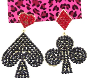 BETSEY JOHNSON RHINESTONE HEARTS SPADES CLUBS & DIAMONDS PLAYING CARD EARRINGS - Picture 1 of 15