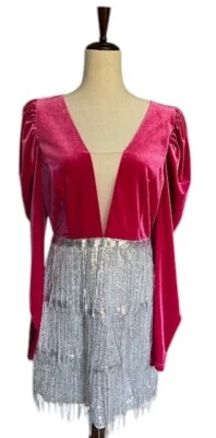 Double Crazy Dress Pink Magenta Puff Long Sleeve Sequin Fringe Plunging V Neck L — 第 1/4 张图片