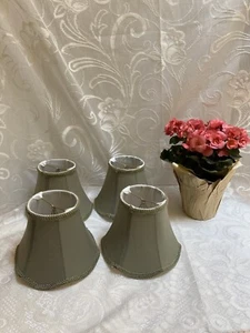 Set 4 Mini Lampshades Clip On Sage Green Faux Silk Bell Scallop Braided Trim 5x6 - Picture 1 of 9