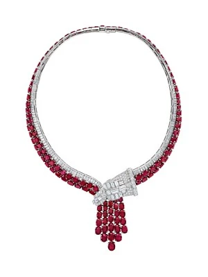 Oval Red Ruby and CZ Cascade Necklace 925 Sterling Silver Magnificent Jewelry - Image 1 of 4