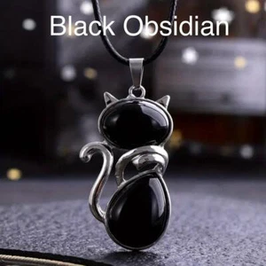 Black Obsidian Kitty Cat Natural Gemstone Crystal Stone Pendant Necklace Jewelry - Picture 1 of 2
