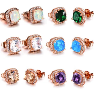 6 Pcs Lots Square Opal Amethyst Topaz Morganite Rose Gold Plated Stud Earrings - Picture 1 of 7