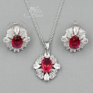 Women Red Cubic Zirconia Jewelry Set Pendant Necklace Earrings Silver Gift 20015 - Picture 1 of 9