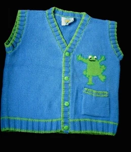 Peruvian Highlands by El Ayni Kid's Blue Sweater Vest Green Frog Size 4/5 - Picture 1 of 9