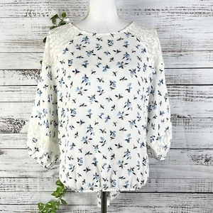 Ginnicks Blouse Tunic size Small Ivory Blue Coral Floral Lace Boho Cottage Core - Picture 1 of 13