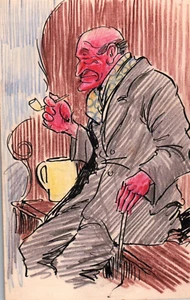 HAND DRAWN HAND COLORED Vintage English Postcard Circa 1905 Seated Man with Pipe - Picture 1 of 2