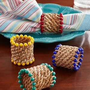 The Pioneer Woman Natural Rattan and Beaded Dinner Napkin Rings Set of 4 - Picture 1 of 4