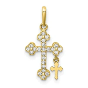 Real 10kt Yellow Gold CZ Budded Cross w/Cross Dangle Pendant - Picture 1 of 6
