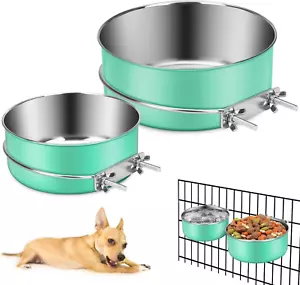 Hanging Pet Dog Water Food Bowls Stainless Steel Kneel Bowl for Cage Crate 2PCS - Picture 1 of 7