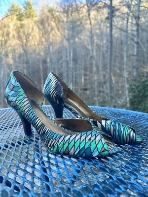 Tacones Bandolino Multicolor Brillante Geométrico Puntera Abierta, Talla 10 Verde Azul Marrón Foto 1 de 4