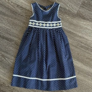 Rare Editions Vintage Girls Size 5 Navy PolkaDot Daisy Appliqué Dress. - Picture 1 of 13