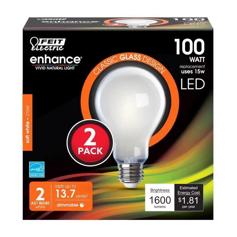 Feit Enhance A19 E26 (Medium) LED Bulb Soft White 100 Watt Equivalence 2 pk - Image 1 of 1