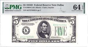 1934-D $5 Federal Reserve Note Dallas PMG Choice Uncirculated 64EPQ #K37276203A - Picture 1 of 2