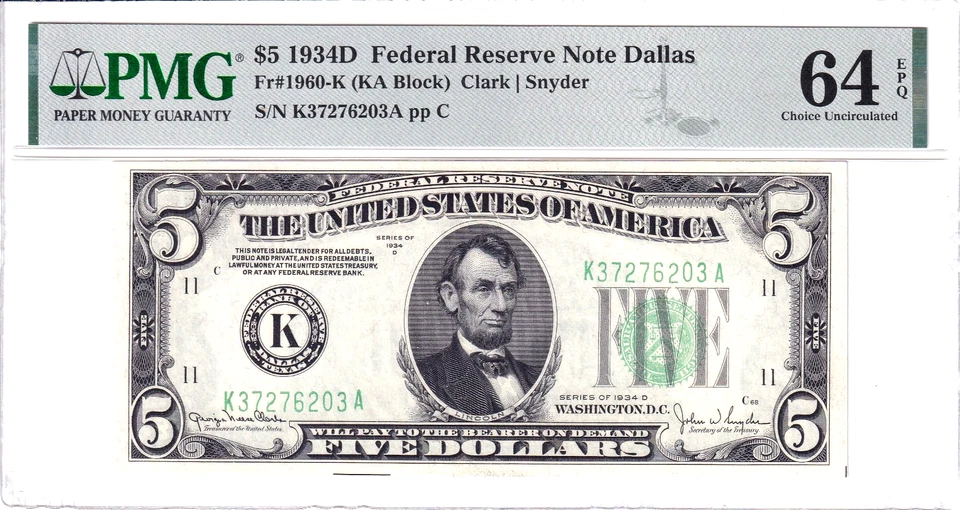 1934-D $5 Federal Reserve Note Dallas PMG Choice Uncirculated 64EPQ #K37276203A - Image 1 of 2