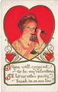 VALENTINE POSTCARD WOMAN ON PHONE LET NO OTHER PARTY ON OUR LINE 082825 U - Picture 1 of 2
