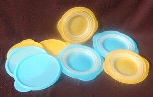 Set of 4 ~ Tupperware FLAT OUT Bowls ~ 2 Yellow & 2 Blue + Extra Lid ~ Used - Picture 1 of 6
