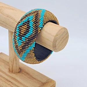 Chunky Gold, Turquoise Blue & Black Seed Bead Bangle Bracelet, 2.5" Diameter - Picture 1 of 7