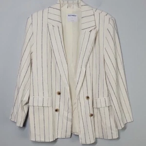 NWT Old Navy Linen blend Double Breasted White Navy Blue stripe blazer sz Small - Picture 1 of 7