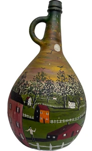 Almaden Green Glass Bottle One Gallon Handle Handpainted Farm Scene Folkart ‘73 - Picture 1 of 11
