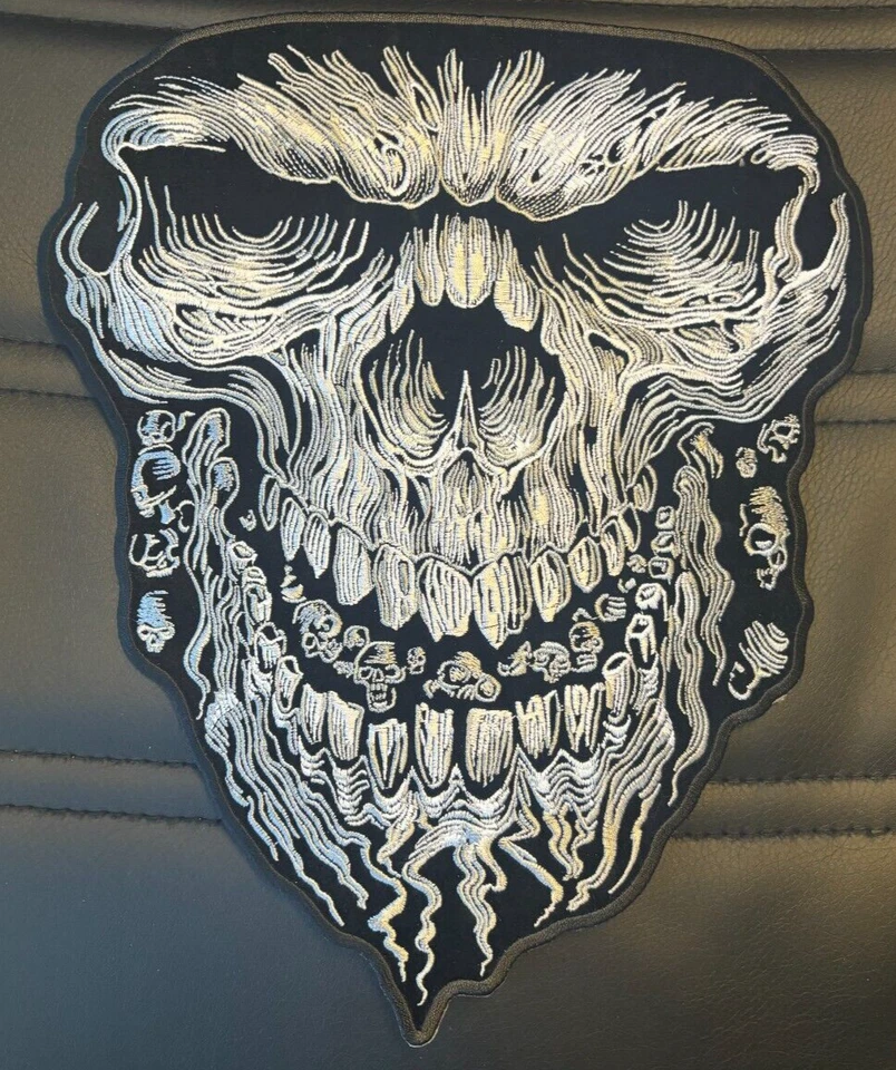 BLACK AND WHITE LARGE SKULL WITH TEETH IRON ON BIKER PATCH 11X10 INCH - Image 1 of 1