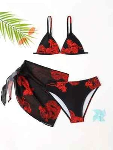 Girls 3pcs Bikini Swimwear Set Bathing Suit Black Red Dragon Print Sz 12 (150) - Picture 1 of 4