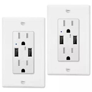 Wall Outlets with USB Ports 3.6A Tamper Resistant Electrical Socket w/Plate 2Pcs - Picture 1 of 12