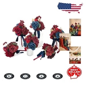 Beautifully Crafted Burgundy & Navy Wedding Bouquets - 6 Piece Decor Set - Picture 1 of 9