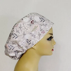 European Women Scrub Hat, Surgical Cap, Gray, Floral Nurses Hat, USA Made - Picture 1 of 7