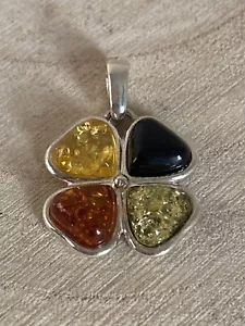 Ciondolo Trifoglio Trifoglio Ambra Baltica Naturale Argento Sterling 925 - Foto 1 di 4