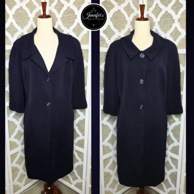 Jones NY Navy Blue Two Button 3/4 Raglan Cuffed Sleeve Long Jacket Size 14 - Image 1 of 4