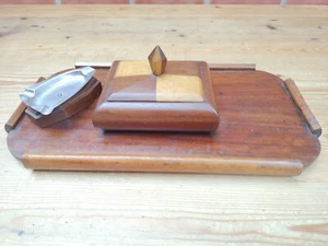 Vintage Mahagoni und Buchsbaum Art Deco Humidor Schreibtischplatte Set ordentlich passender Aschenbecher - Bild 1 von 11