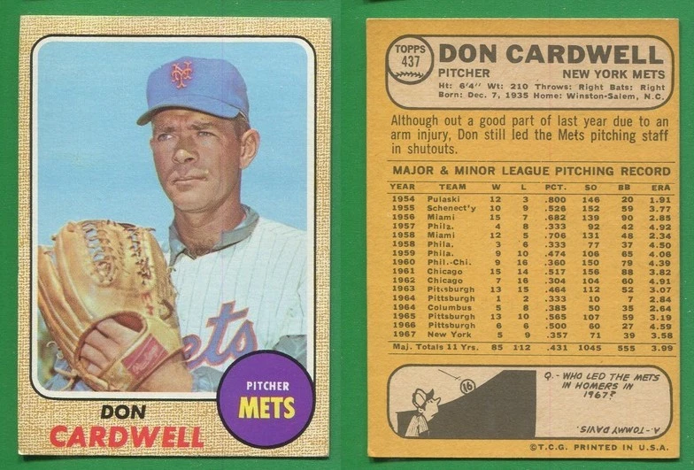 1968 Topps Baseball ~~~ Don Cardwell ~~~ No. 437 ~~~ Envío y devolución gratuitos Foto 1 de 1
