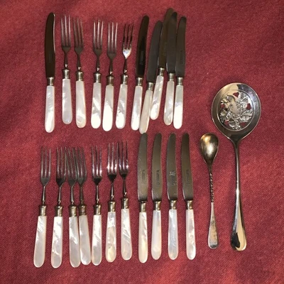 22 Piece Mother of Pearl Antique Serving Set + 2 Silver Plate Spoons! Late 1800s - Image 1 of 4