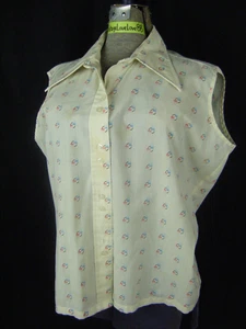 NOODLE SOUP Vtg 70s Ivory Printed Sleeveless Shirt-Bust 48/XL, AS-IS - Picture 1 of 10