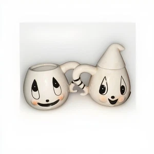 New Johanna Parker Halloween Gus the Ghost ceramic Mugs, Lids Lot /2 Transpac - Picture 1 of 10