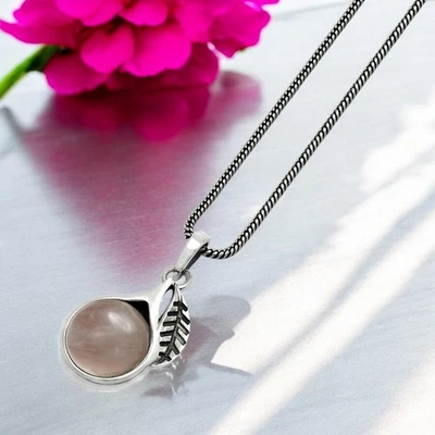 Naturale Quarzo Rosa Gemma Gioielli 925 Pendente Argento Sterling Leaf Per Girls - Immagine 1 di 4