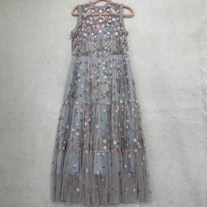 Maxi Vestido Para Mujer Malla Bordada Tul Pequeño Gris Rosa Floral En Niveles Transparente - Imagen 1 de 8