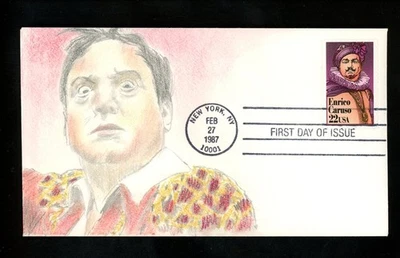 US FDC #2250 Friedman Hand Drawn HD Colored HC 1987 NY Enrico Caruso Opera Music - Image 1 of 2