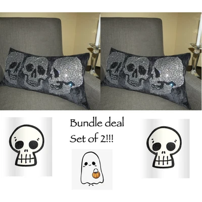 Set of 2 Magaschoni Pillow Crystal Skull Black Silver Halloween Bundle Deal! NWT - Image 1 of 4