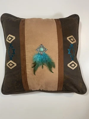 Almohada Southwestern 18x18 Turquesa Bordado Adorno Pluma Foto 1 de 4