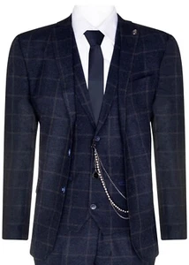 Traje de lana de 3 piezas para hombre azul marino tweed cuadros persianas pico 1920 Gatsby formal - Imagen 1 de 7