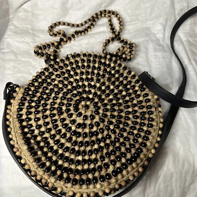 Zara Basic Collection Handbag Black and Natural Wood Bead Bag Double Strap Purse - Image 1 of 4