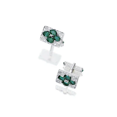 Circa 1930s Vintage Rectangle Shape Four Oval Alexandrites & White CZ Cufflinks - Image 1 of 3