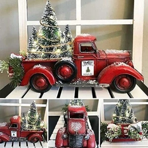 Farmhouse Red Farm Truck Vintage Pickup w/ Glowing Christmas Trees Xmas Decor US - Picture 1 of 14