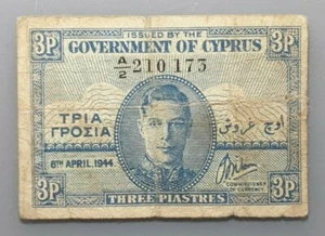 CHIPRE CYPRUS GEORGE VI 3 PIASTRES 6/04/1944 P-28a BC+/MBC- - Imagen 1 de 2